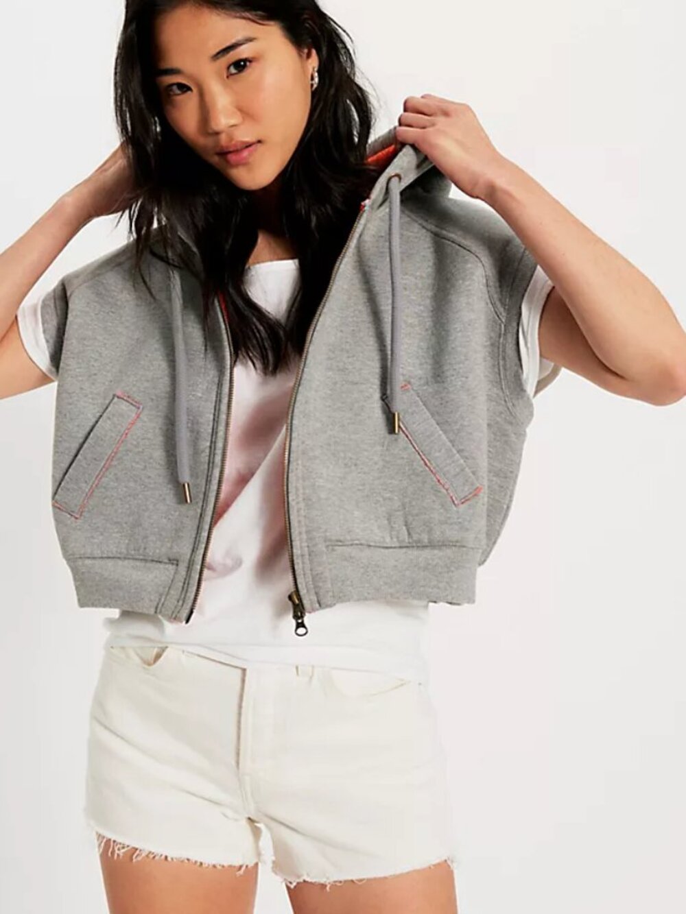 NWT Free People We The Free Gray Zip-Up Pop Layer Cotton Hooded Vest Size L
